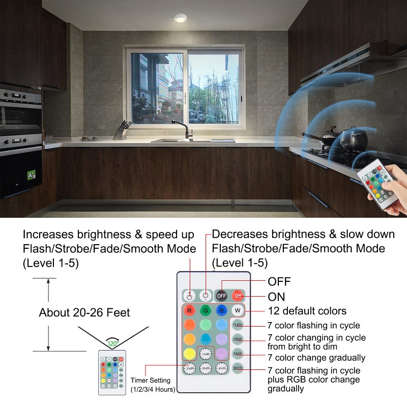 BIGLIGHT Battery Operated LED Ceiling Light, Remote Controlled, 12 Color Changing Mood Light, Hallway Lighting, Dimmable Night Light for Shower Closet Bedroom Corridor Bathroom, 2 Pack - Image 3
